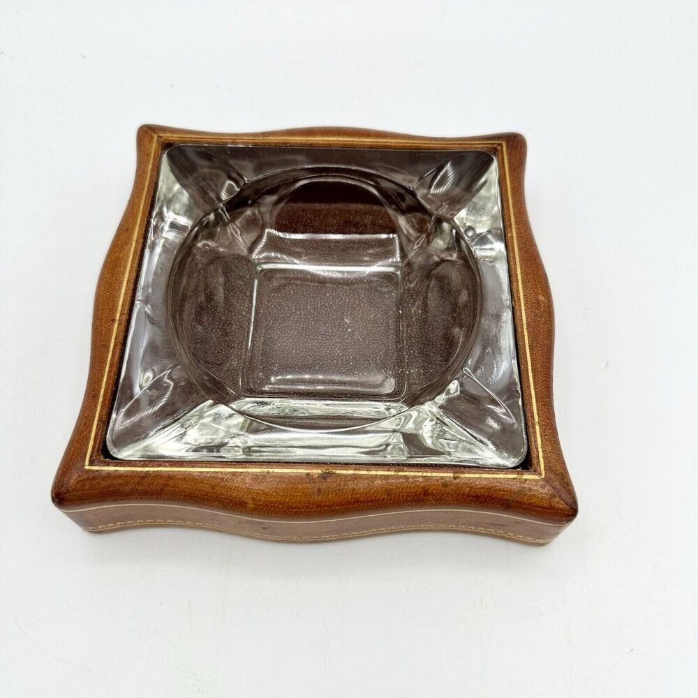 Vintage MCM Clear Glass Ashtray 6" Square Holder Bottom Wood Look Cigar